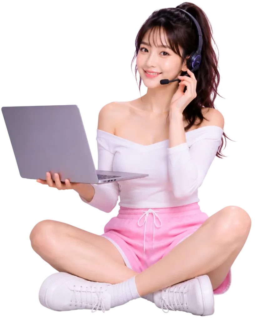 Young woman with laptop and headset